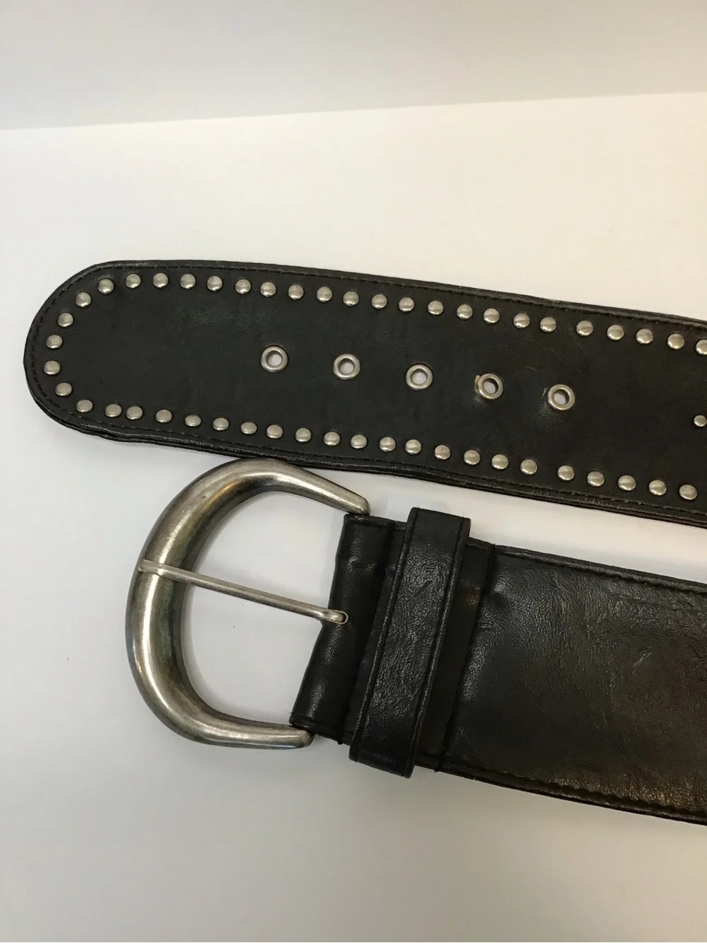 Boho Women's Black Studded Faux Leather 3 Inch Wide Belt with Silver Buckle L